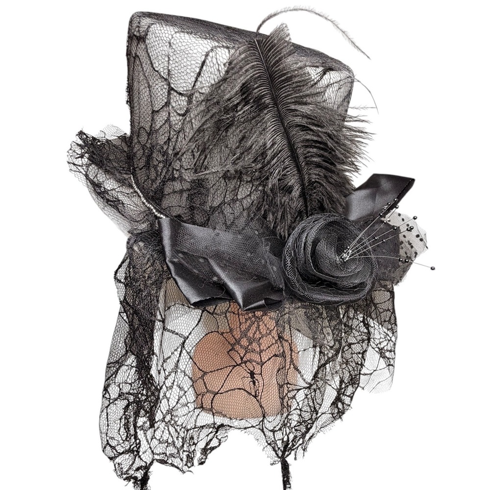 Gothic Victorian Gray Top Hat Black Lace Veil Feather Fascinator Costume